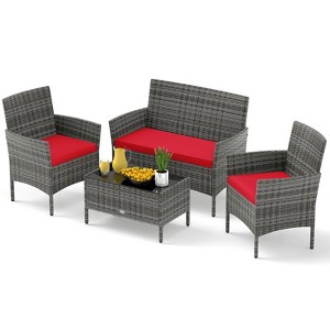 Tangkula Set Of 4 Patio Furniture Set w/Washable Cushions & Tempered Glass Coffee Table - 1 of 4
