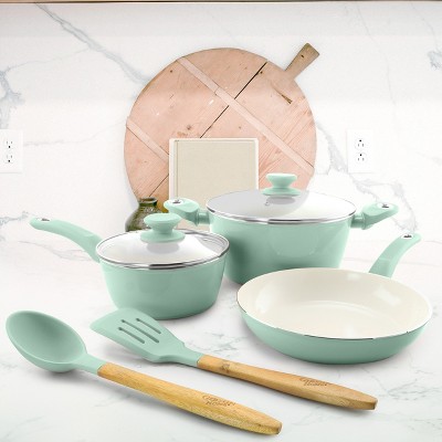 Sky Blue Aluminum Nonstick 7-Piece Cookware Set with Wooden Handles