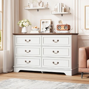 6 Drawer Dresser for Bedroom  47" Wide Double Chest of Drawers, Vintage  Storage Organizer for Living Room Hallway Entryway, White