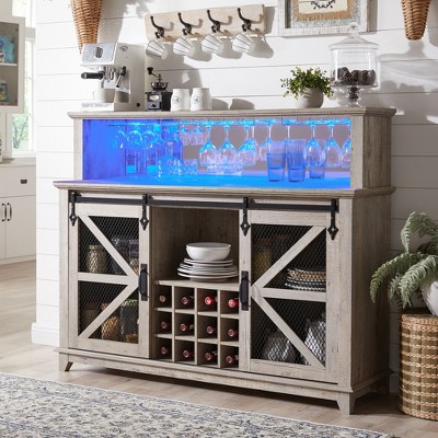 OKD 55" Coffee Bar Cabinet with LED Lights & Sliding Barn Door & Wine and Glass Rack, Wine Bar Cabinet w/Storage Shelves for Dining