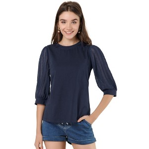 Allegra K Women's Retro Solid Color Blouse Semi Sheer Mesh Puff Sleeve Top - 1 of 4