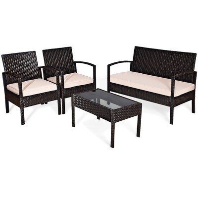 Costway 4PCS Patio Rattan Conversation Furniture Set Cushioned Seat Glass Table