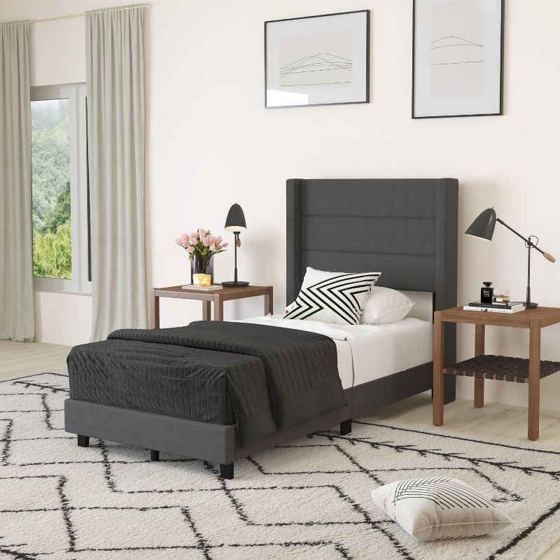 Merrick Lane Modern Platform Bed with Padded Channel Stitched Upholstered Wingback Headboard and Underbed Clearance, 3 of 10