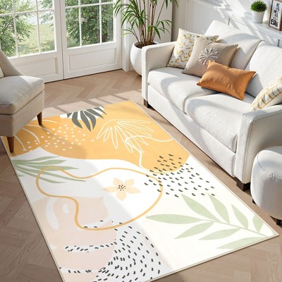 Lahome Machine Washable Area Rugs Non-Slip Large Living Room Rug Boho Botanical Print Ultra-Thin Indoor Rug for Classroom Nursery Dining Room