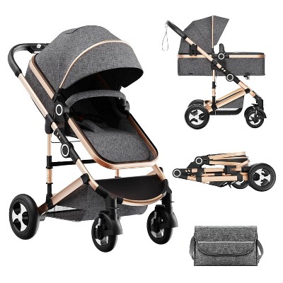 Kinder King Cozi 2 Convertible Baby Stroller, Folding High Landscape Infant Carriage, Adjustable Canopy, Diaper Bag, Anti-Shock