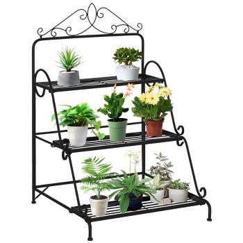 Outsunny Outdoor Plant Stand, 3 Tier Metal Plant Shelf, Plant Display Storage Organizer for Indoor Outdoor Patio Balcony Yard