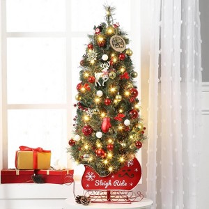 3/4.5ft Pre-Lit Snow Flocked Christmas Tree with 200 Warm White LEDs, 8 Lighting Modes, Sleigh Base, Artificial Xmas Tree for Home - 1 of 4