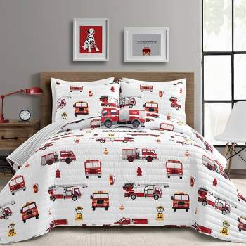 4pc Full/Queen Kids' Fire Truck Reversible Quilt Set White/Red - Lush Décor