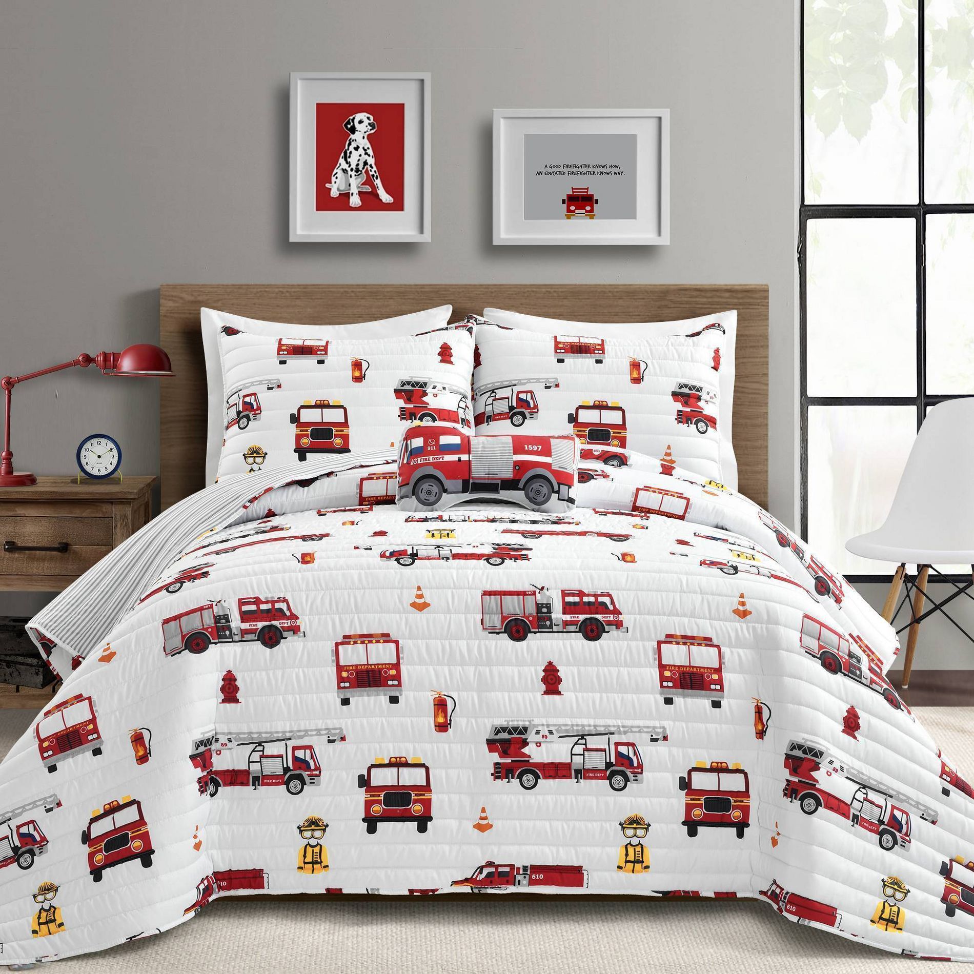 Lush Décor 3pc Twin Kids' Fire Truck Reversible Quilt Set White/Red