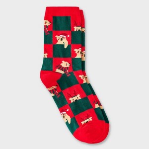 Women's Bear Checkered Christmas Crew Socks - Wondershop™ Red/Green 4-10 - 1 of 3