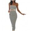 Nmoder Women Summer Casual Tube Dresses Strapless Backless Hollowed Striped Patchwork Long Dress Clubwear - 4 of 4