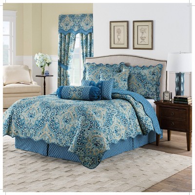 Blue Damask Moonlit Shadows Reversible Quilt Set (Queen) 4pc - Waverly