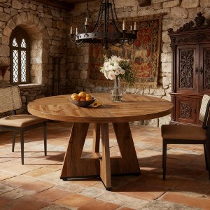 Gulches 47" Round Farmhouse Dining Table, Natural Wood-Tone Engineered Wood Top & Pedestal Base, Seats 4-6 People - 1 of 4