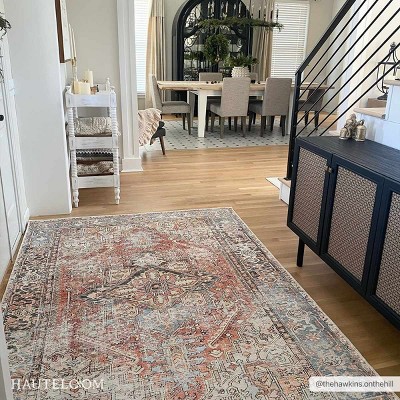 Rust and Blue Distressed Washable Polyester Runner Rug