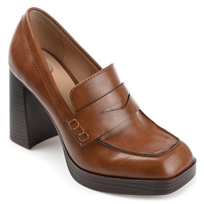 Journee Collection Womens Ezzey Loafer Mid Stacked Heel Square