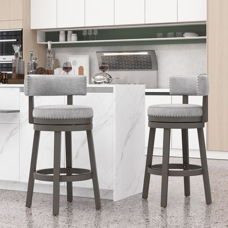 Tangkula Set of 2 Upholstered Swivel Bar Stools Wooden Bar Height Kitchen Chairs Gray, 3 of 9