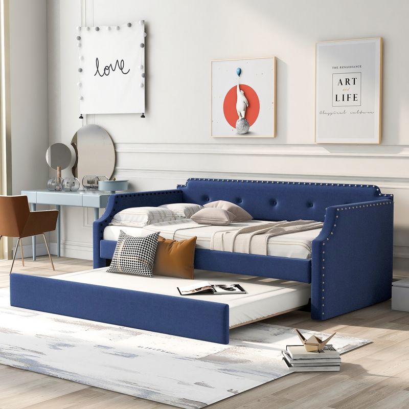 Twin Size Wood Daybed with Trundle Bed, Upholstered Sofa Bed-ModernLuxe, 1 of 11