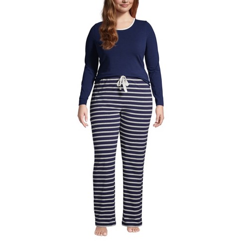 Lands' End Women's Plus Size Knit Pajama Set Long Sleeve T-Shirt and Pants  - 1x - Deep Sea Navy Founders Stripe