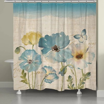 Laural Home Teal Watercolor Poppies Shower Curtain
