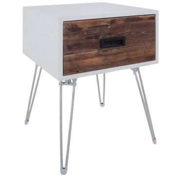 HomeRoots 23" Brown And White Wood And Metal Square End Table With Drawer