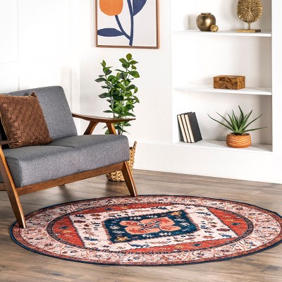 6' Round Red and Blue Oriental Synthetic Area Rug