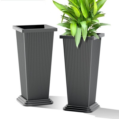 TUYOHW Set of 2 Tall Planters for Plants, 24" Tapered Tall Planters with Tray for Porch, Patio, Backyard, Large Planters for Outdoor Indoor Plants