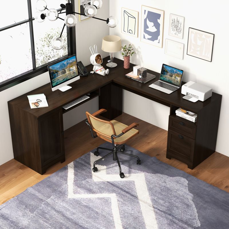 Costway L-Shaped Corner Computer Desk Writing Table Study Workstation w/ Drawers Coffee, 2 of 11