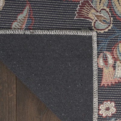 Charcoal Floral Rectangular Washable Synthetic Rug