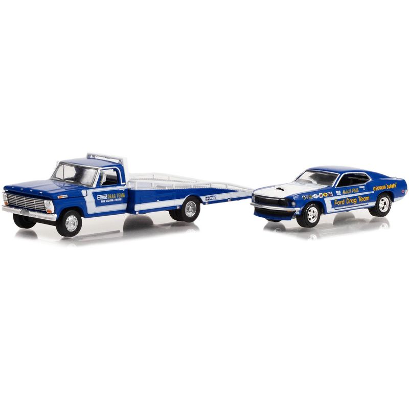1969 Ford F-350 Ramp Truck Blue "The Going Thing" and 1969 Mustang Blue "Ford Drag Team" 1/64 Diecast Model Car by Greenlight, 2 of 4