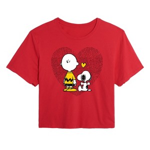 Women's - Peanuts - Charlie Snoopy Dot Heart Cropped Graphic T-Shirt - 1 of 4