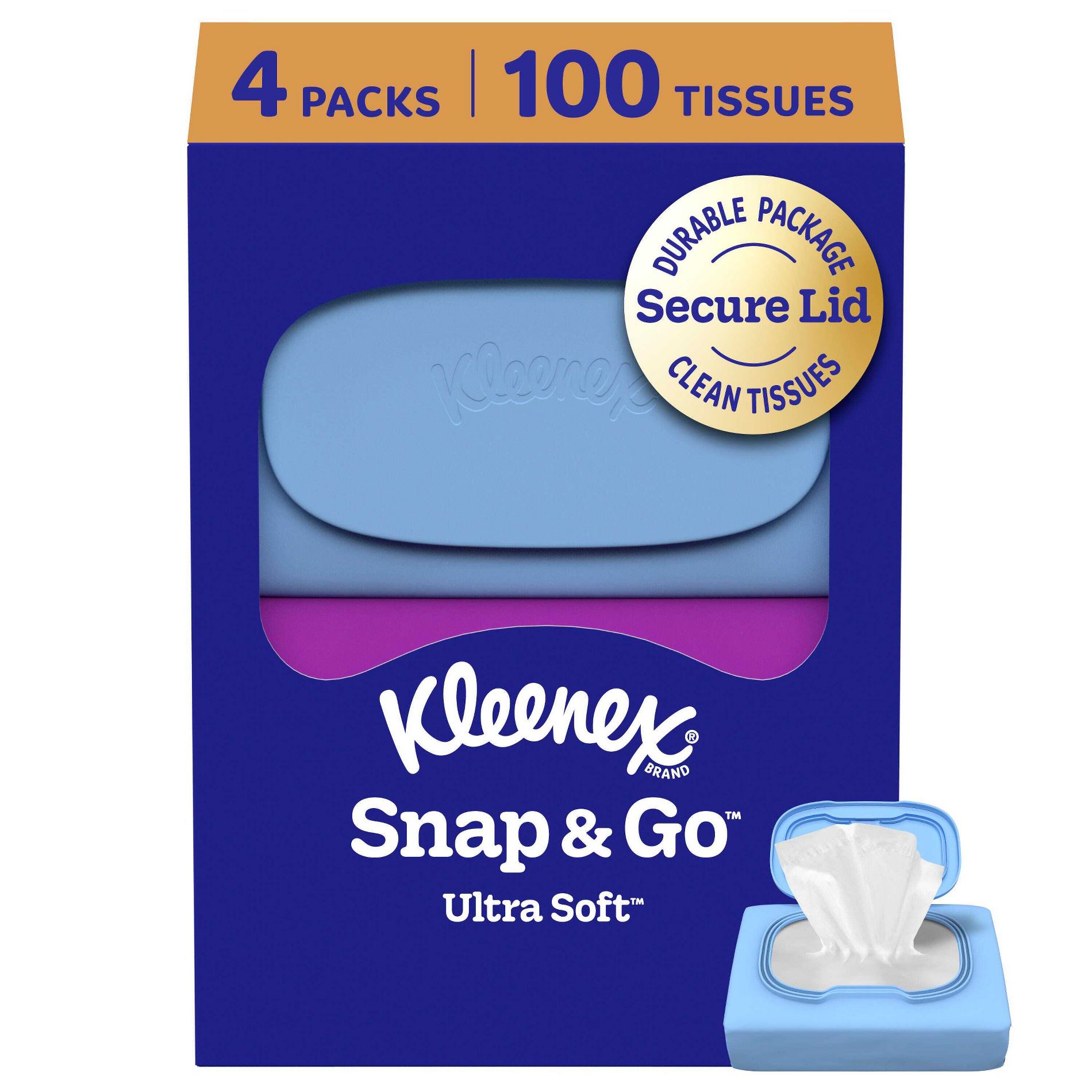 Kleenex Ultra Soft Snap & Go Facial Tissue - 4pk/25ct: Soft Pack, 3-Ply, 25 Sheets Per Unit