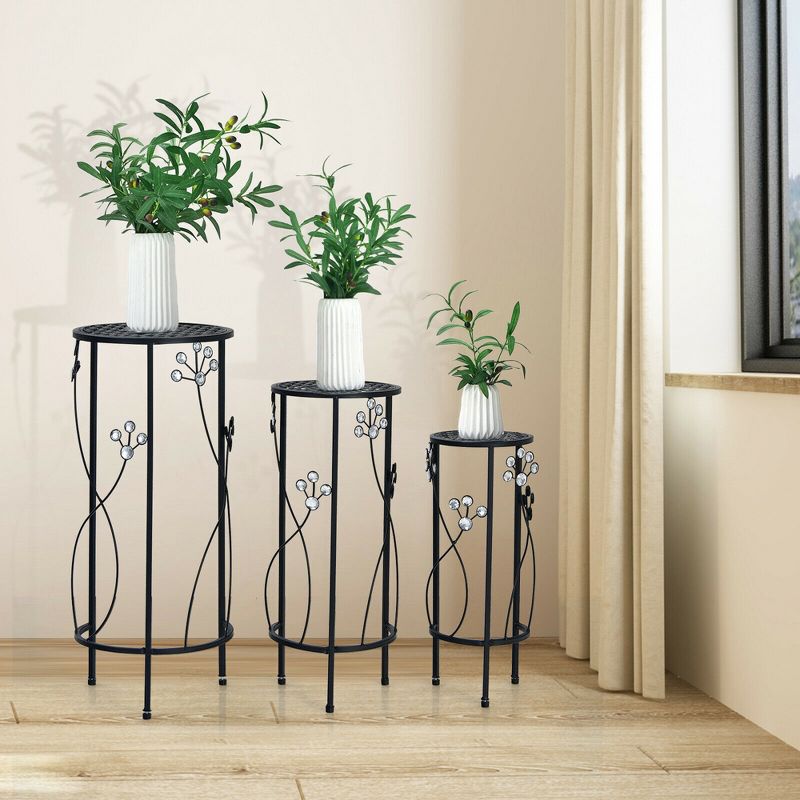 Costway 3 Pcs Metal Plant Stand Set Plant Pot Holder w/Crystal Floral Accents Round, 4 of 10