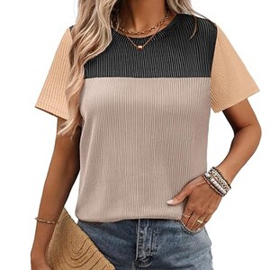 Women's Crew Neck Color Block T-Shirt Casual Short Sleeve Basic Top - 1 of 4