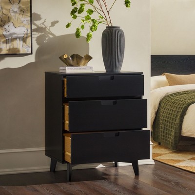 Okak Mid-Century Nightstands 3-Drawer Dresser Solid Wood, Storage Chest of Drawers End Table Bed Side Cabinet for Bedroom/Living Room/Entryway, Black