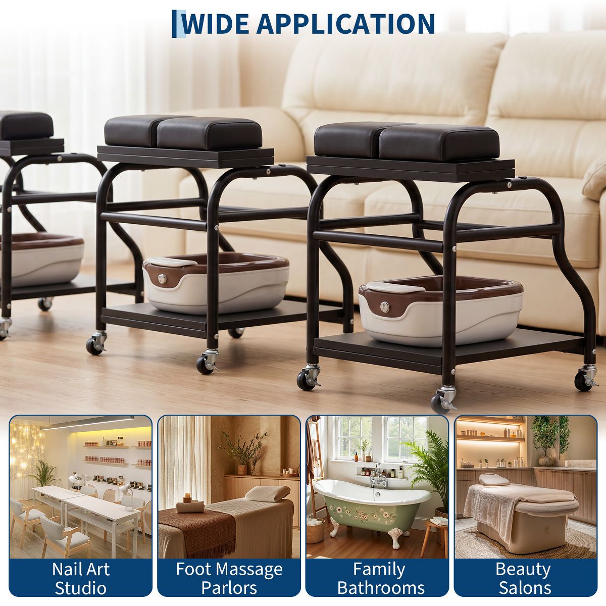 Pedicure Cart with Wheels & Leg Pads Salon Trolley, Rolling Foot Care Station with Rubber Casters & Foam Footrest for Spa & Home Use - thumbnail 7