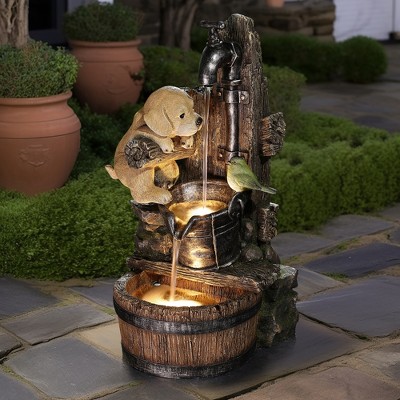 Farmhouse Brown Resin Fountain with Puppy and Bird Scene