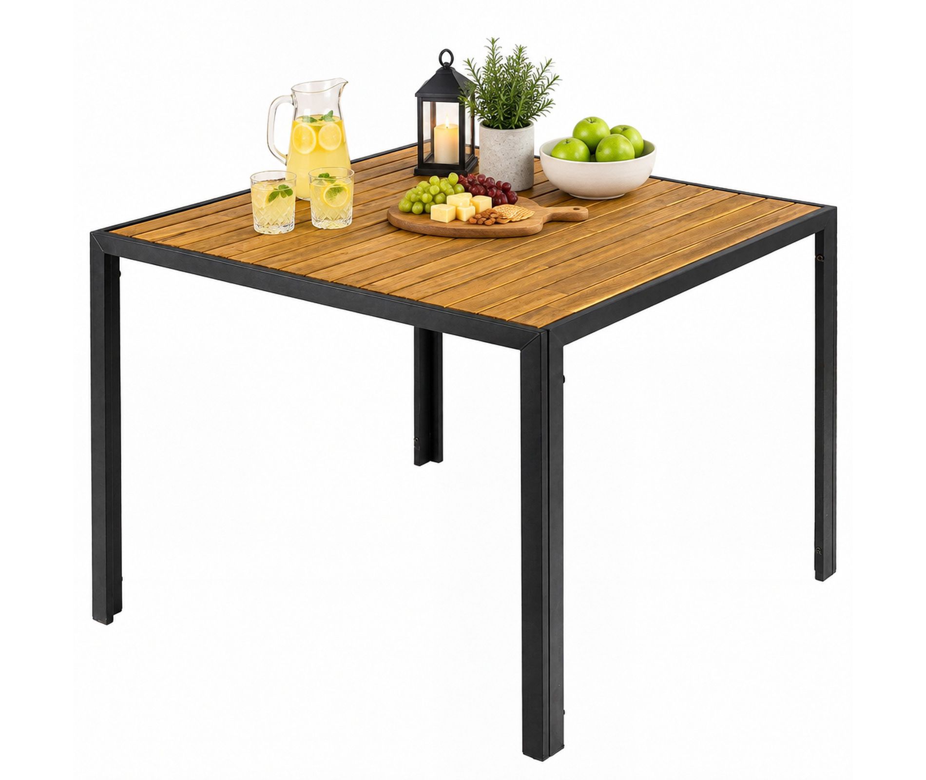 36 Inch Square Acacia Wood Patio Dining Table with Slatted Top and Umbrella Hole for 4