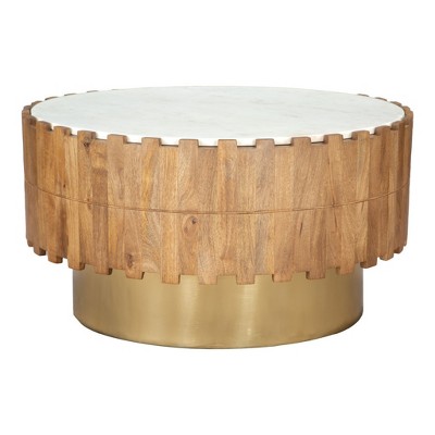 HomeRoots 31" Gold Natural And White Iron Wood And Faux Marble Round Block Coffee Table