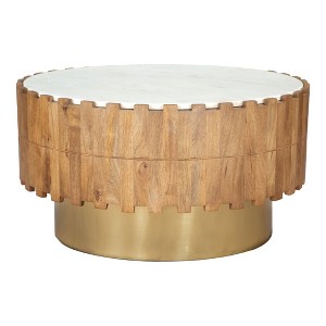 HomeRoots 31" Gold Natural And White Iron Wood And Faux Marble Round Block Coffee Table - 1 of 4