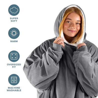 Gray Fleece and Sherpa Hooded Wearable Blanket with Sleeves