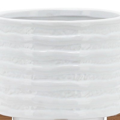 Elegant White Stripe Ceramic Planter with Wooden Stand, 6"x8"