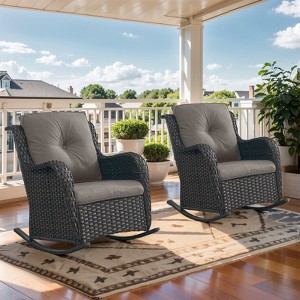 Outdoor Rocking Chairs Set of 2, All Weather Resin Wicker Patio Furniture Rocking Patio Chairs with Cushion and Metal Rocker Bars for Porch - 1 of 4