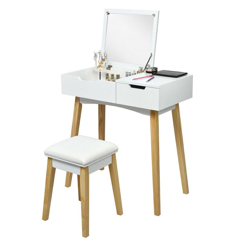 Costway Vanity Makeup Table Cushioned Stool Set W/Flip Top Mirror &1 Drawer Writing Desk, 2 of 12