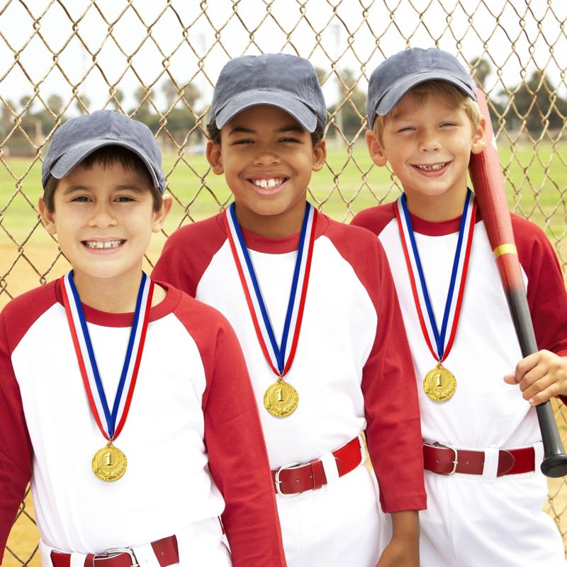 Juvale 6-Pack Gold 1st Place Winner Medals, Sports Awards with 15.5-Inch Red, White, and Blue Ribbon (Metal, 2 in), 4 of 8