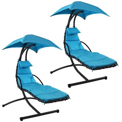 Sunnydaze Outdoor Hanging Chaise Floating Lounge Chair with Canopy Umbrella and Stand, Teal, 2pk