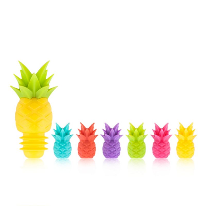 True Pineapple Wine Glass Charms and Drink Markers with Bottle Stopper Set, Silicone, Set of 1 Bottle stopper and 6 Drink Charms, Multi Colored, 1 of 5