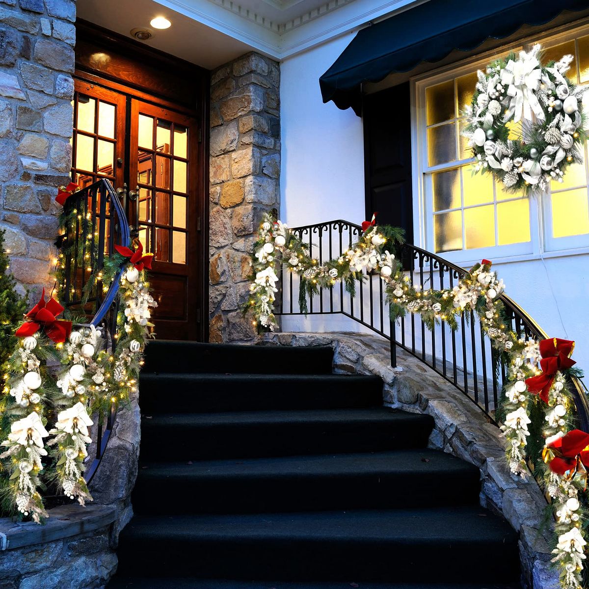 9 Ft Prelit Christmas Garland, Battery Operated Xmas Garland with Lights Silver White Ball Ornaments Pine Cones for Fireplace Door Stairs Railing - thumbnail 10
