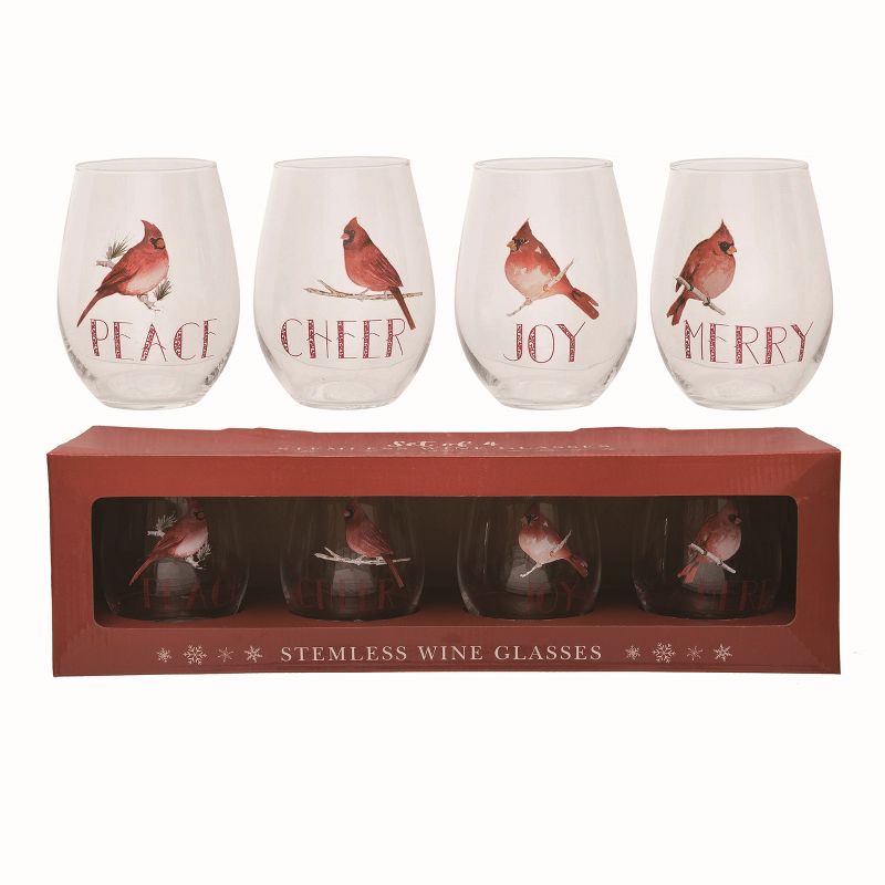 Transpac Glass Clear Christmas 18 oz Stemless Wine Glasses Set of 4, 1 of 2