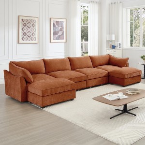 VASIP Modular Sectional Sofa with Ottoman& Storage Drawers, L-Shaped 3-Seate Features Crescent Armrests & Wraparound Cushions for Living Room,Orange - 1 of 4