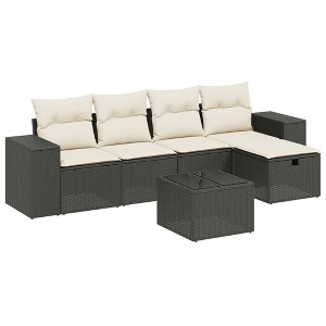 vidaXL 6 Piece Patio Sofa Set with Cushions Black Poly Rattan - Black and Cream without storage 6 Piece - 1 of 4